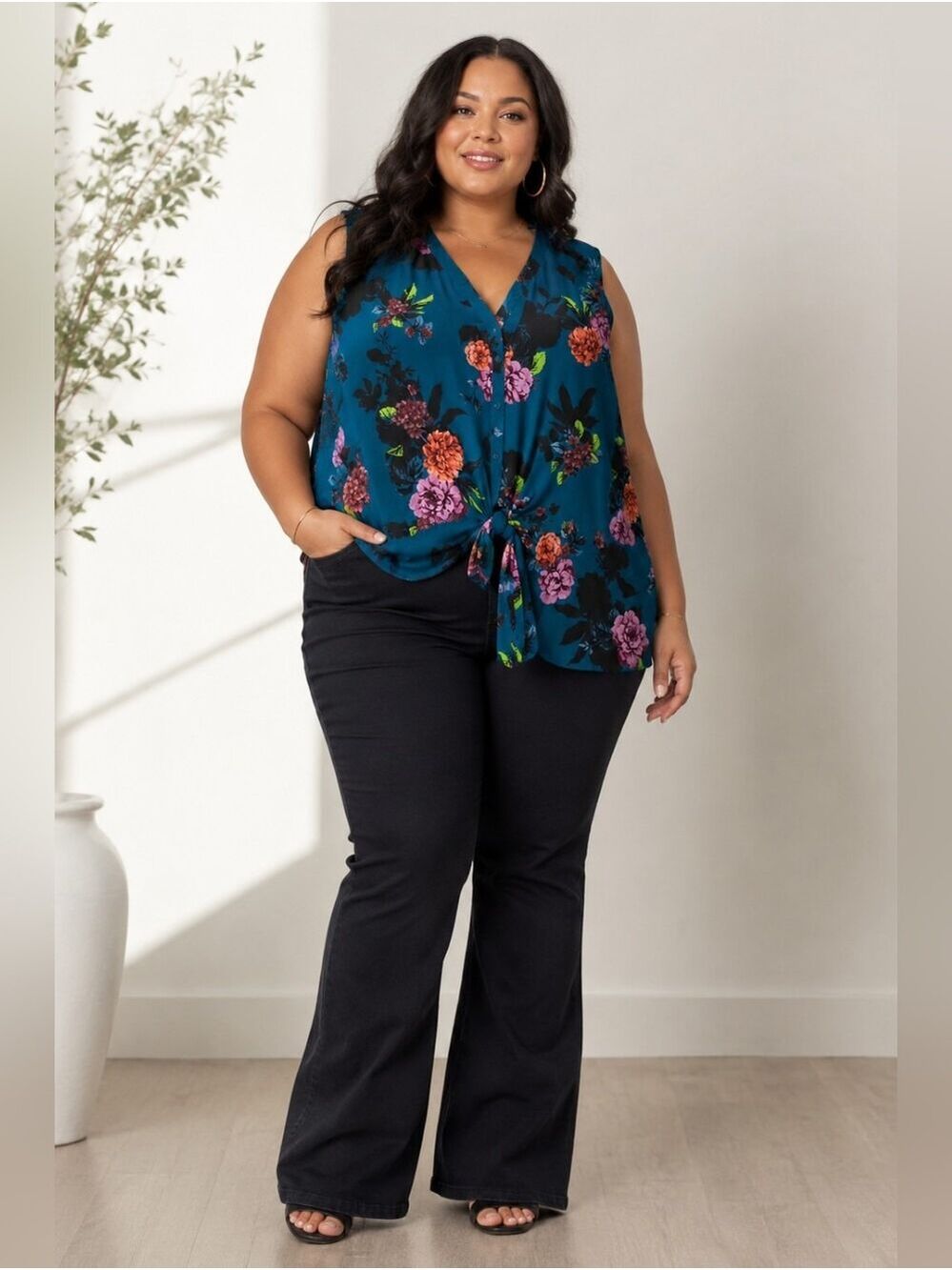 Torrid Floral Sleeveless Blouse 4X Teal Boho Boutique Fall Top